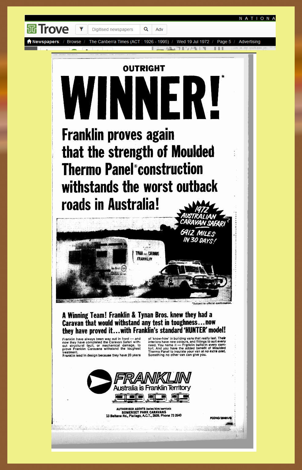 Outback Caravan Safari 1972. Winner Franklin Hunter.